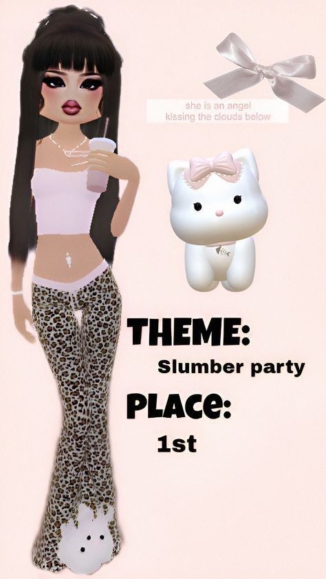 an image of a woman holding a drink and wearing leopard print pants with the words theme slumber party place 1st