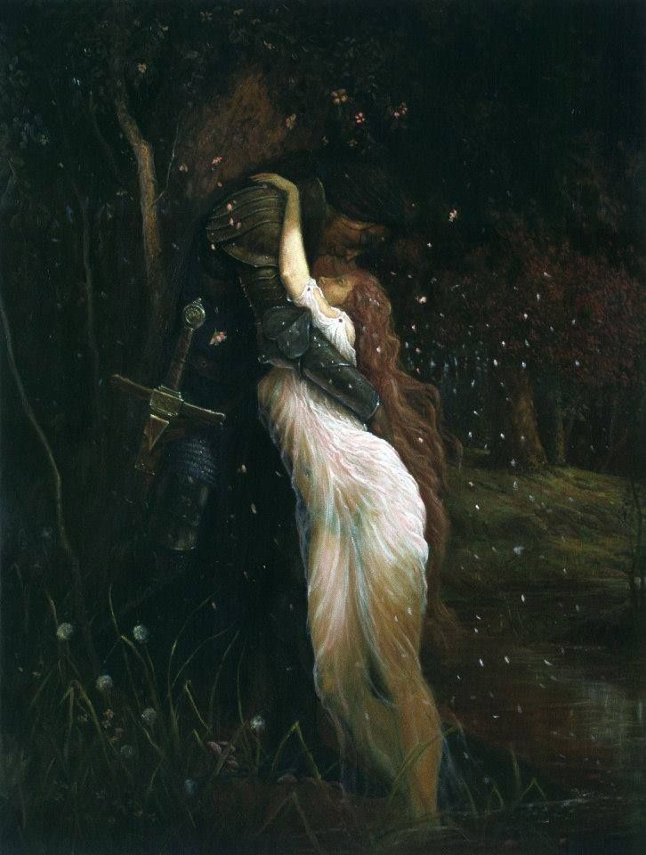 a painting of a couple embracing in the woods