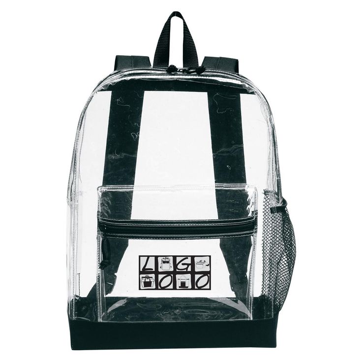 Upgrade your game day experience with our custom-printed Transparent Backpack. This durable and see-through bag is perfect for sporting events, concerts, and festivals. Features: Made from EVA material Meets CPSIA & PROP 65 standards Large zippered main compartment Front zippered pocket Side mesh pocket Reinforced adjustable padded back straps and carry handle Customizable with your logo or design | Bags | Backpacks | Clear Backpacks | Custom Printed Transparent Backpack in Black | PVC Back To School Backpack With Transparent Straps, School Backpack With Transparent Straps And Rectangular Shape, Rectangular Mesh School Bag, Black Backpack With Clear Strap, Clear Rectangular Backpack For Back To School, Clear Nylon Standard Backpack, Back To School Clear Rectangular Backpack, Black Mesh Standard Backpack, Everyday Black Mesh Backpack