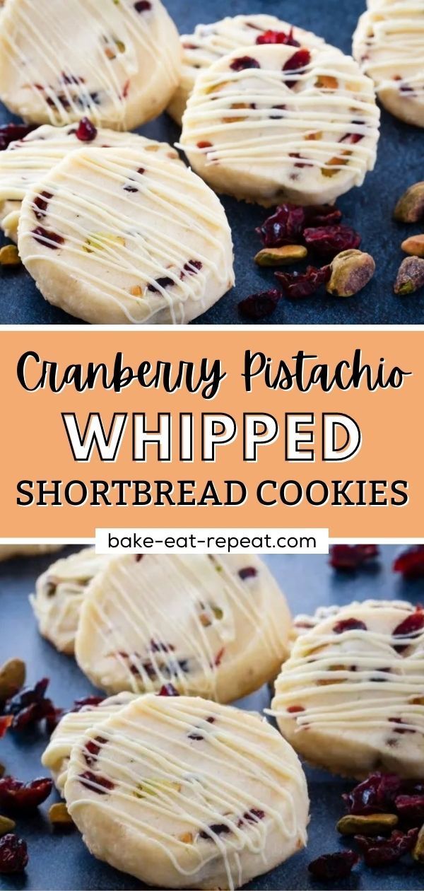 cranberry pistachio whipped shortbread cookies on a baking sheet with text overlay