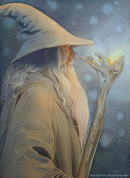 a painting of a wizard holding a glowing wand in his hand and looking at the sky