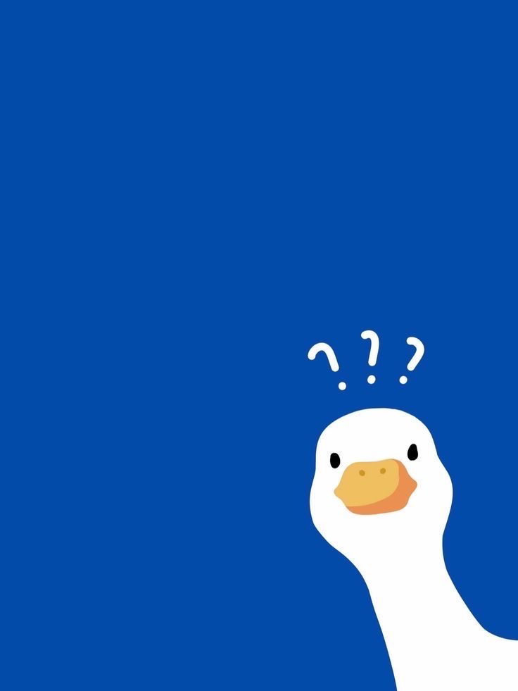 a white duck with question marks on its head in front of a blue sky background