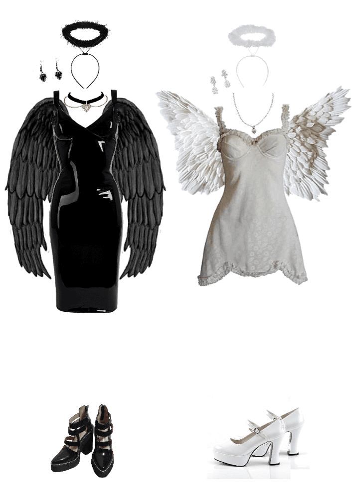 an assortment of women's clothing and accessories including shoes, necklaces, bracelets and angel wings