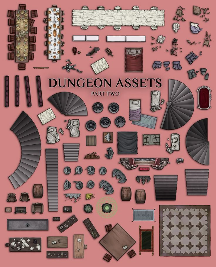 a bunch of different types of furniture on a pink background with the words dungeon assets part two