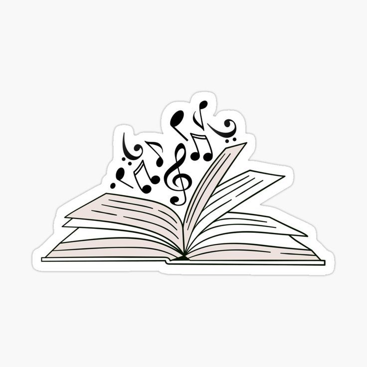 an open book with musical notes coming out of it sticker on a white background