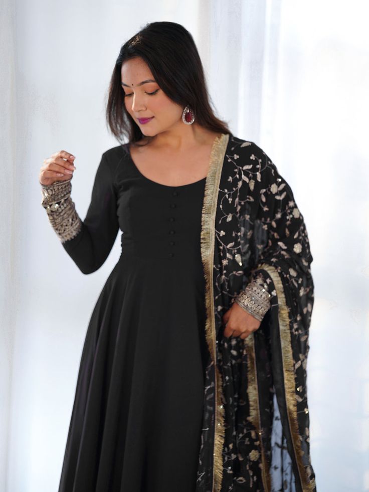 Premium Festive Wear Anarkali Suit Collection Processing Time : 7 Business Days Work : Embroidered Sequins With Zari Work  Fabric:Top : Heavy Pure Soft Fox Georgette Bottom : Micro Cotton Dupatta : Pure Fox Georgette Color:Top : Black Bottom : Black Dupatta : Black Georgette Anarkali Dress, Georgette Anarkali Suits, Black Anarkali, Patiyala Dress, Georgette Anarkali, Lehenga Suit, Anarkali Kurti, Dress With Embroidery, Dress Salwar Kameez