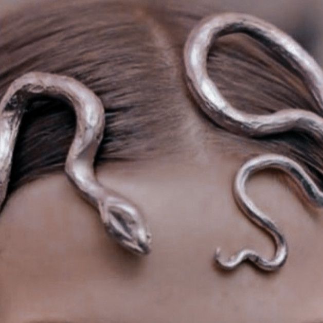 a woman's head with silver hair and two snakes on the top of it