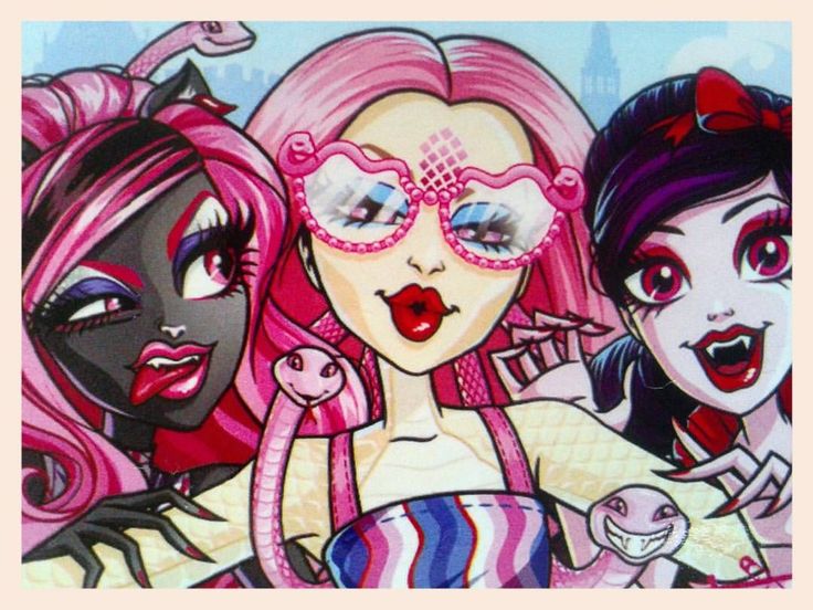 three cartoon girls with pink hair and makeup