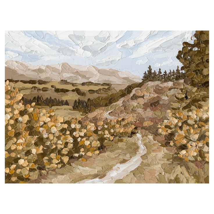 an oil painting of a dirt road in the mountains