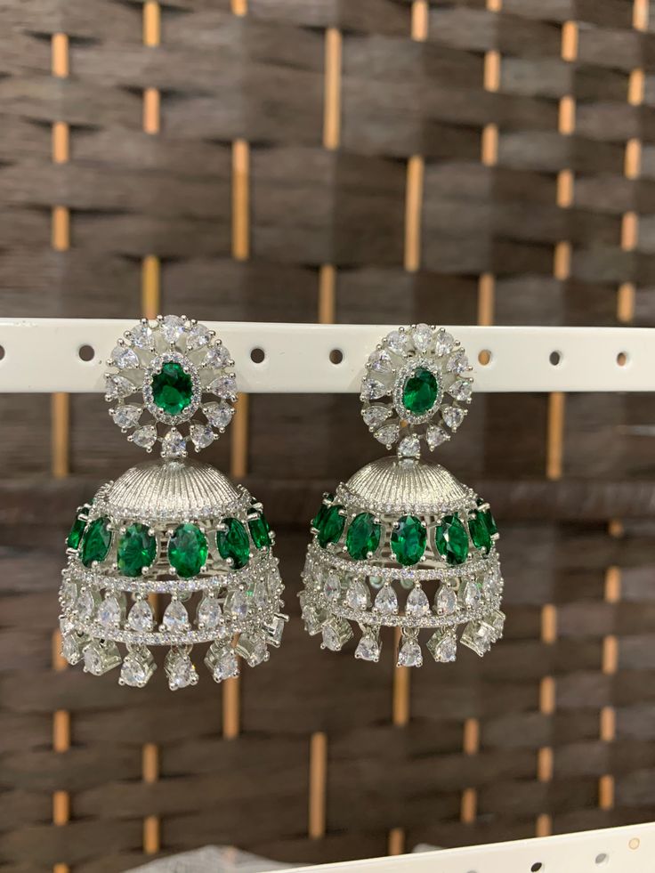 American diamond jhumki . About 21/2 inch. Push back . Green Jhumkas With Stone Work, Bollywood Diamond Jhumkas With Stone Work, Elegant Cubic Zirconia Jhumkas For Festive Occasions, Elegant American Diamond Jhumkas With Stone Work, Diamond Jhumkas With Stone Work For Diwali, Diamond Stone Work Jhumkas For Diwali, Traditional Stone Work Jhumkas For Formal Occasions, Traditional Formal Jhumkas With Stone Work, Elegant Round Cubic Zirconia Jhumkas