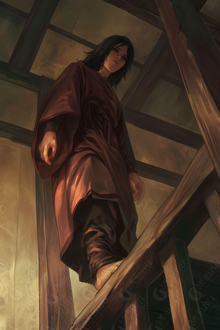 a painting of a person walking up stairs with his hand on the railing and looking down