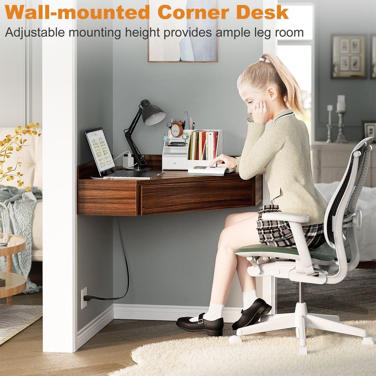 Transform your workspace with our Floating Corner Desk with Charging Station. This innovative desk features a sleek 90° right angle design that fits seamlessly into any corner, maximizing your space without sacrificing style. Home Office Floating Desk Bedroom, Corner Floating Shelves Desk, Modern Corner Desk Bedrooms, Pvd Corner Table, Floating Shelves Over Kitchen Desk, Home Office Desk Hidden Cords, Floating Desk Hide Cords, Home Office Desk With Floating Shelves, Desk Corner Storage