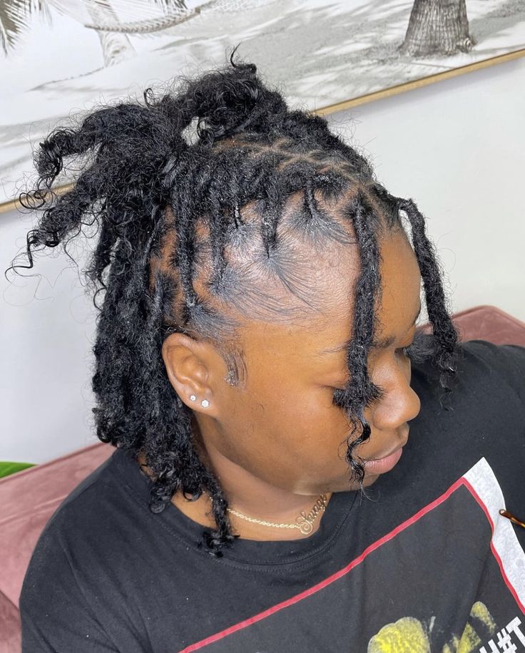 Hair Styles For Dreads Short, Beginning Locs Hairstyles For Women, Lic Styles Women, Cute Styles For Locs For Women, Coil Locs Style, Loc Styles On Short Hair For Women, Barrel Twist Locs Women Ponytail, Short Locs Hairstyles Black Women, Short Short Locs Hairstyles