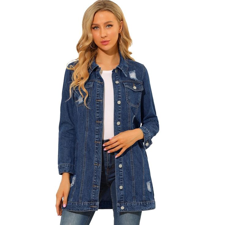 Allegra K distressed ripped denim jacket makes for a timeless closet staple. Soft fabric and regular fit keep you comfortable through the seasons. Pairs well with a variety of outfits for versatile styling options. Wear this jacket as a cool-weather layer over a dress. Match it with a graphic tee, pair of jeans and sneaks. Timeless Closet, Ripped Denim Jacket, Distressed Long Sleeve, Casual Denim Jacket, 90s Baggy, Frayed Denim, Distressed Denim Jacket, Cropped Denim Jacket, Ripped Denim