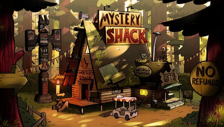 an animated image of a house in the woods with a sign that says mystery shack