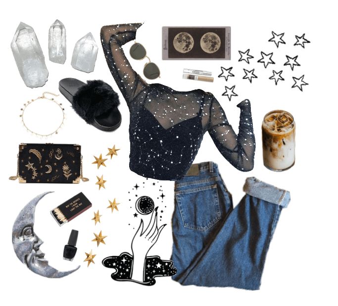 Lunarpunk Outfit, Cosmic Witch Aesthetic Outfit, Astronomy Outfit Aesthetic, Cosmicore Outfits, Planetarium Outfit Ideas, Cosmic Core Aesthetic Outfits, Witch Outfit Casual, Witch Vibes Aesthetic Outfit, Psychic Aesthetic Outfit