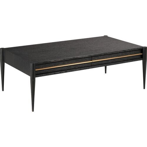 a black coffee table with two drawers and gold trimmings on the bottom shelf