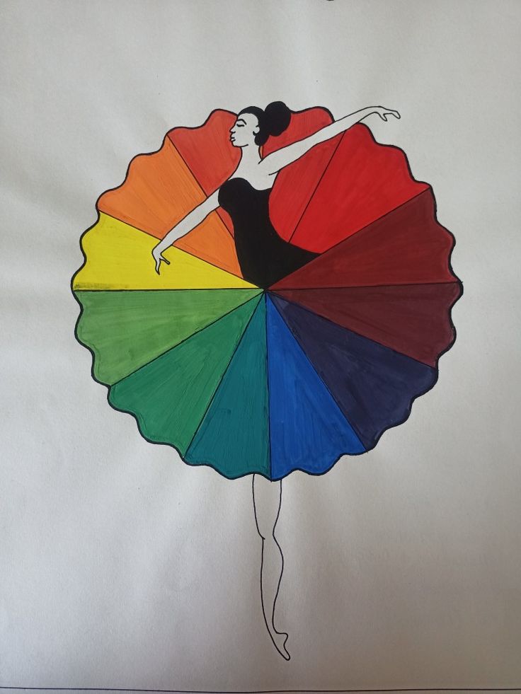 a drawing of a ballerina holding a colorful fan in her hand, with the word dance on it