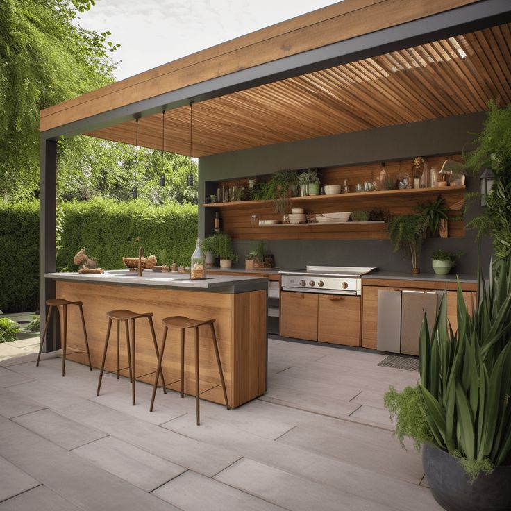 an outdoor kitchen with wooden cabinets and counter tops