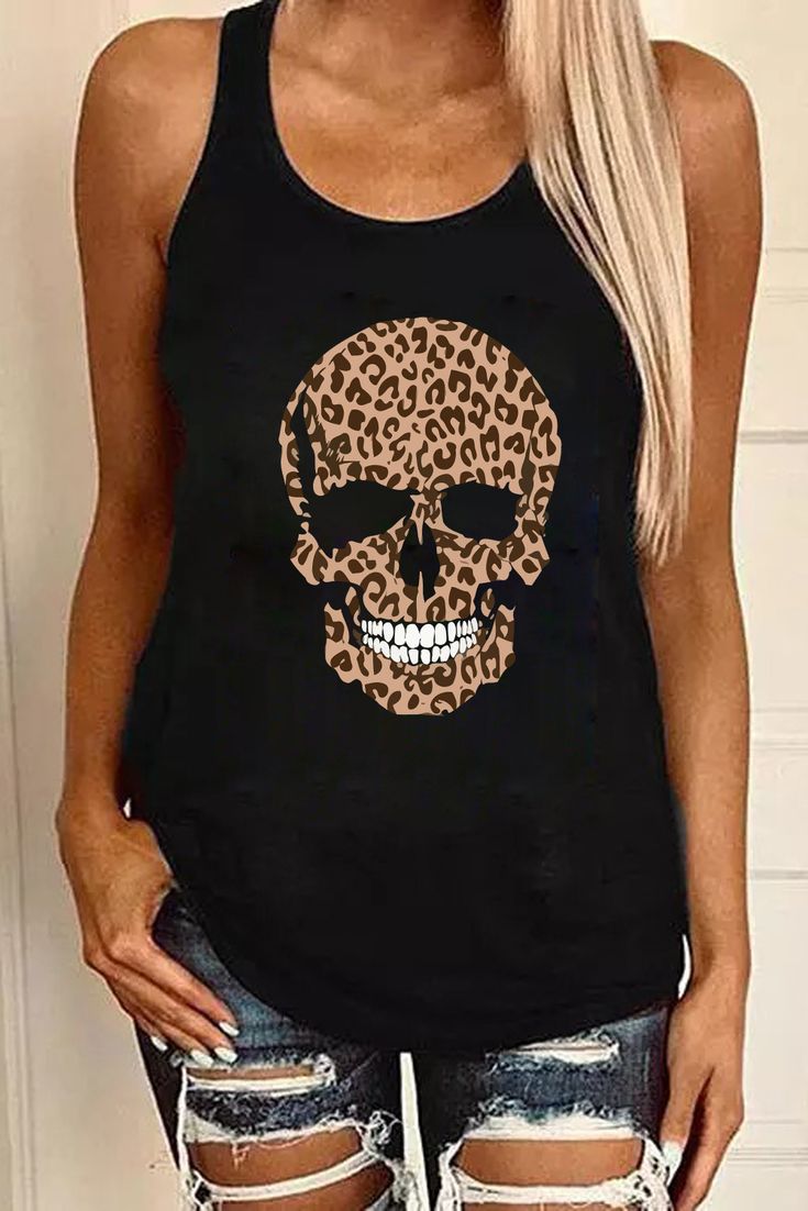 Black Leopard Skull Print Tank Top Black Skull Print Top For Halloween, Edgy Black Top With Skull Print, Casual Black Tops With Skull Print, Casual Black Skull Print Tops, Leopard Skull, Swimwear Plus Size, Tank Top Women, Affordable Fashion Women, Graphic Style