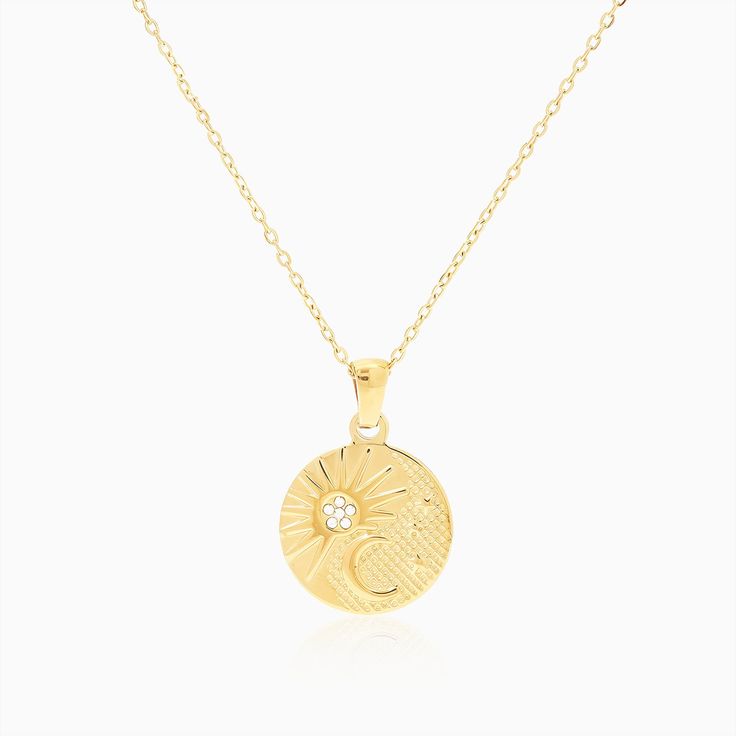 Sun & Half Moon Pendant Necklace - Nobbier - Necklace - 18K Gold And Titanium PVD Coated Jewelry Celestial Yellow Gold Charm Necklaces With Moon Phase, Celestial Yellow Gold Moon Phase Charm Necklaces, Celestial Moon Phase Charm Necklace With Round Pendant, Celestial Charm Necklace With Moon Phase Pendant, Celestial Moon Phase Medallion Necklace, Celestial Sun And Moon Charm Necklaces, Celestial Style Charm Necklace With Coin Pendant, Celestial Sun And Moon Charm Necklace, Celestial Coin Pendant Charm Necklace