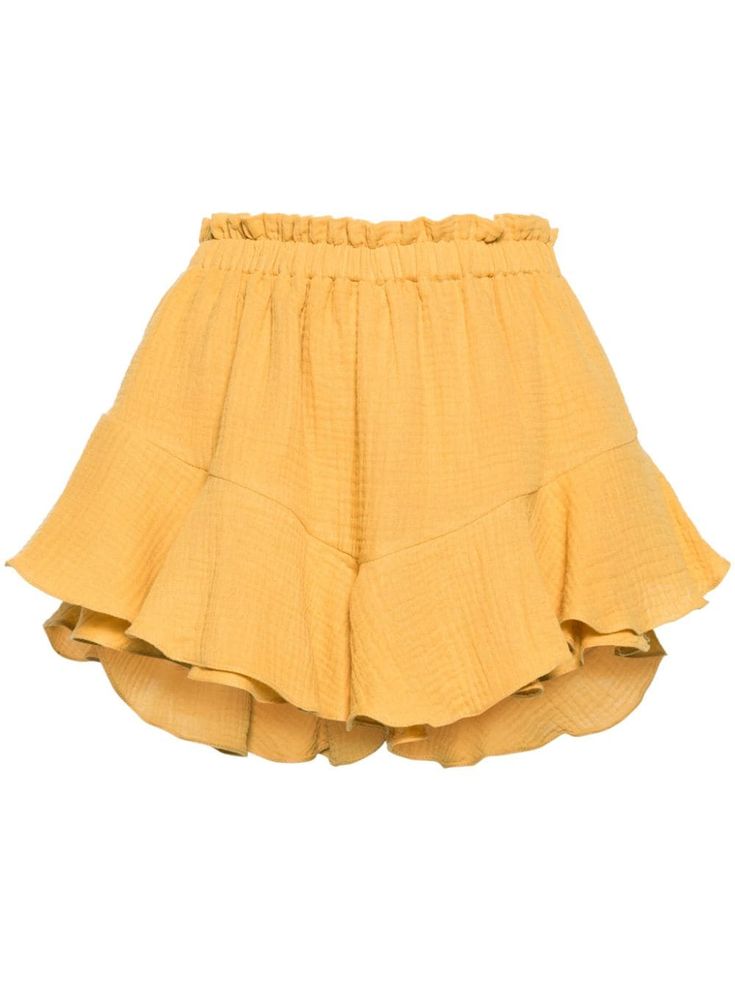 mustard yellow cotton crinkled finish ruffled trim layered design elasticated waistband above-knee length unlined Chic Cotton Shorts With Elastic Waistband, Chic Cotton Shorts With Ruffled Skirt, Chic Cotton Ruffled Skirt Shorts, High Waist Cotton Ruffle Shorts, Summer Cotton Ruffle Shorts, Summer Cotton Shorts With Ruffles, High Waist Cotton Bottoms With Ruffles, Cotton Ruffled Short Bloomers, Solid Bottoms With Ruffle Hem For Summer