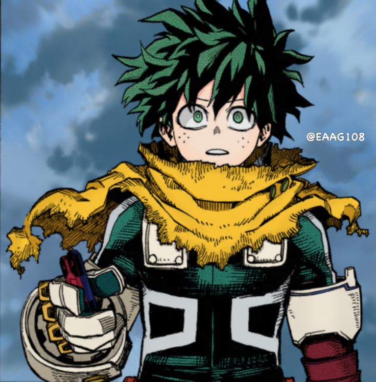 an anime character with green hair and yellow scarf