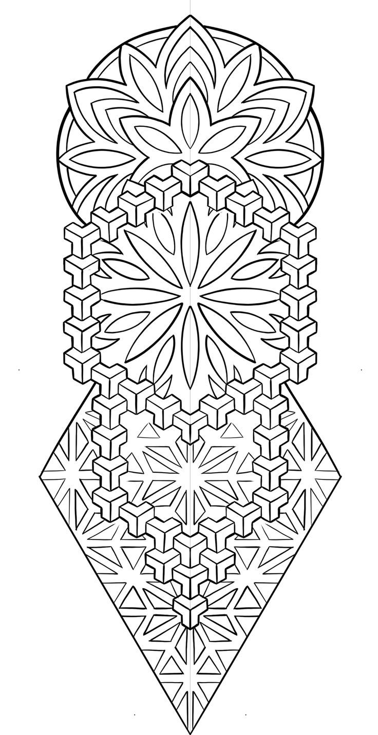 a black and white image of an intricate design with geometric shapes in the center,