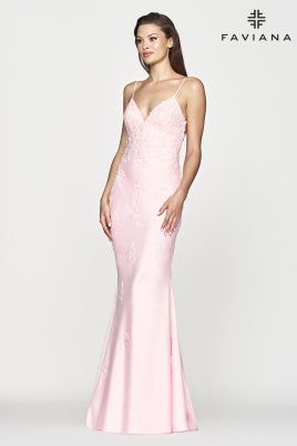 Faviana S10633 Long V-neck dress with applique detail all over, and lace-up back. V-neck Gala Dress With Lace Trim, V-neck Lace Trim Gala Dress, V-neck Gown With Lace Back And Fitted Bodice, V-neck Evening Dress With Lace Back For Gala, Evening V-neck Dress With Corset Back, Feminine V-neck Gala Dress, V-neck Gown With Lace Trim For Party, Formal V-neck Dress With Lace Bodice, Feminine V-neck Dress For Prom