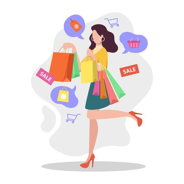 a woman holding shopping bags and talking on the phone with speech bubbles above her head