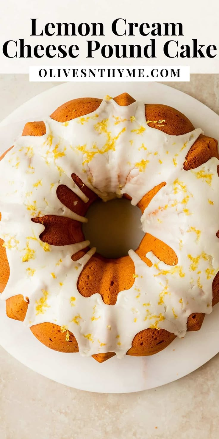 a lemon cream cheese pound cake on a white plate with the text overlay above it