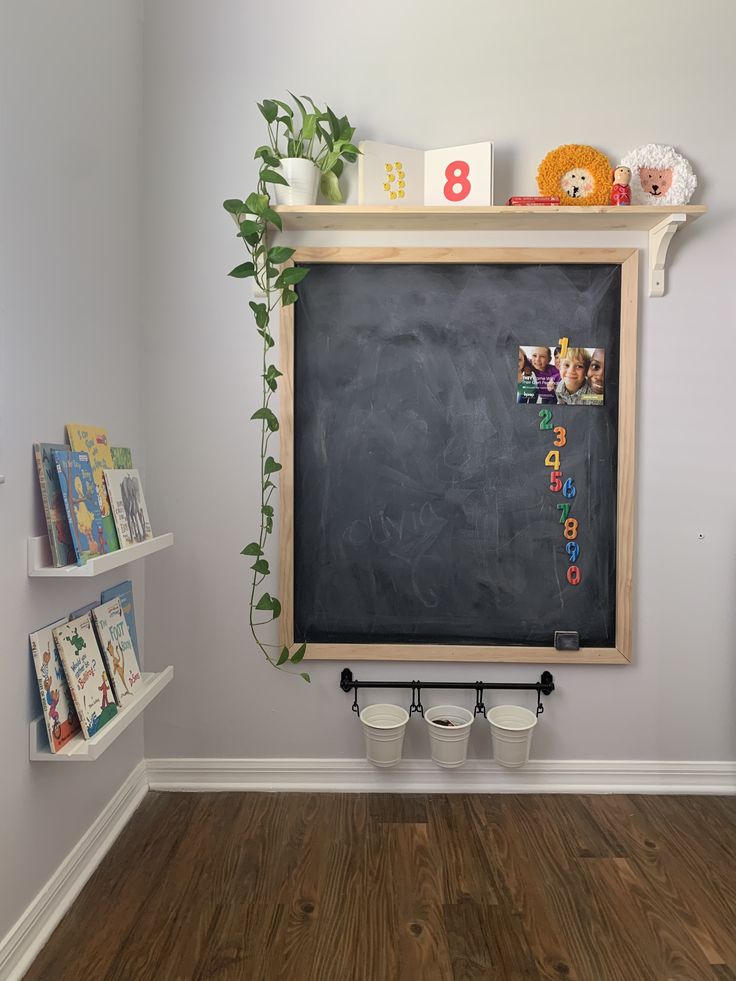 a chalkboard with letters and numbers on it in a child's playroom