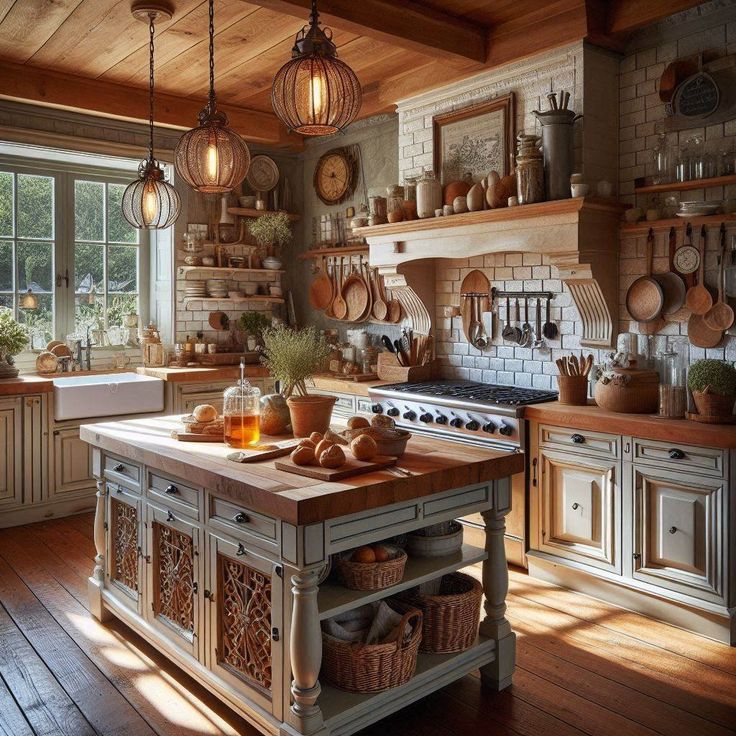 a kitchen filled with lots of wooden furniture and hanging lights over the stove top oven