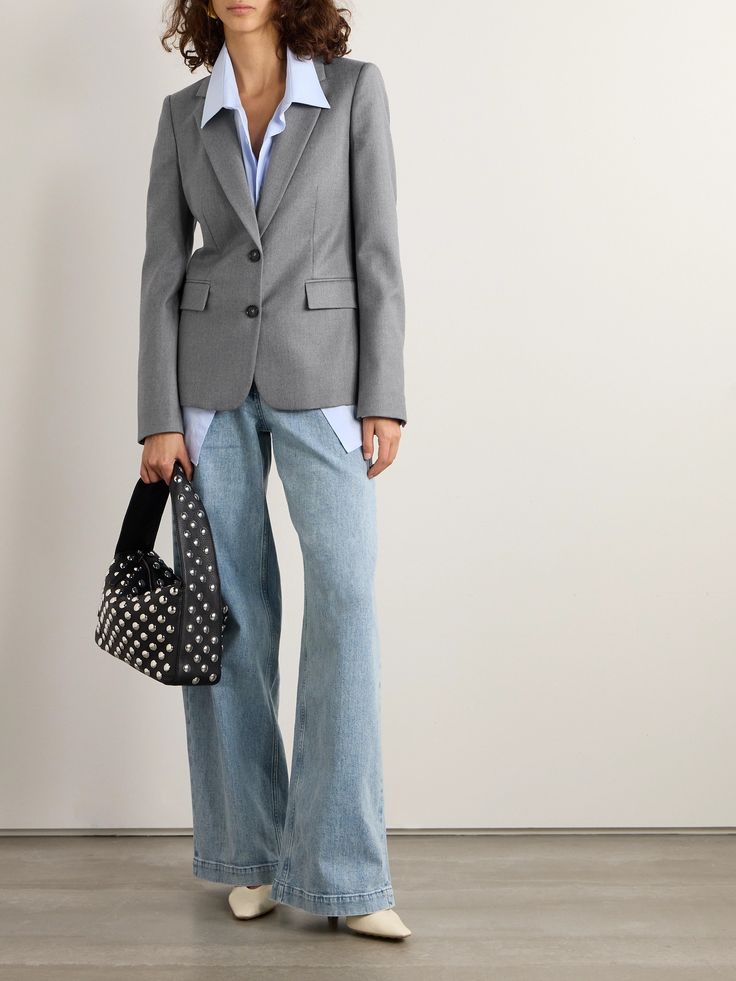 Stella McCartney trained on Savile Row, which is why her tailoring is so good and so consistent. This blazer is constructed from soft wool with notch lapels, flap pockets and darts through the middle to gently taper the waist. Wear it with a crisp shirt or fresh white tee. Why Her, Floral Dresses Short, Blazer Outfit, Summer Denim, Sport Swimwear, Savile Row, Grey Blazer, Casual Blazer, Blazer Outfits