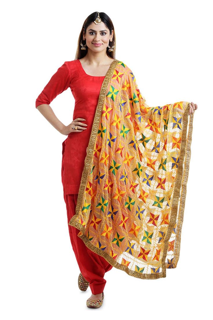 Elevate your wardrobe with our exquisite Phulkari Embroidery dupatta. Made from delicate chiffon silk, this timeless accessory boasts beautiful, multicolored phulkari embroidery that adds a touch of luxury to any outfit. Perfect for pairing with a salwar suit, lehenga, or dress, it is both stylish and practical. ​Fabric: Semi Chiffon Silk Condition: New Machine work phulkari embroidery Gold border lace Pattern: Geometric Large 2.3x1 meter Care: Soft Wash Dispatched in 1-3 business days Orange Resham Embroidery Dupatta, Multicolor Anarkali Traditional Wear With Sheer Dupatta, Red Silk Churidar With Sheer Dupatta, Designer Red Dupatta With Dori Work, Orange Georgette Salwar Kameez With Zari Work, Designer Wear Red Dupatta With Dori Work, Designer Red Dola Silk Dupatta, Anarkali Multicolor Churidar With Dupatta, Red Chanderi Churidar With Chikankari Embroidery