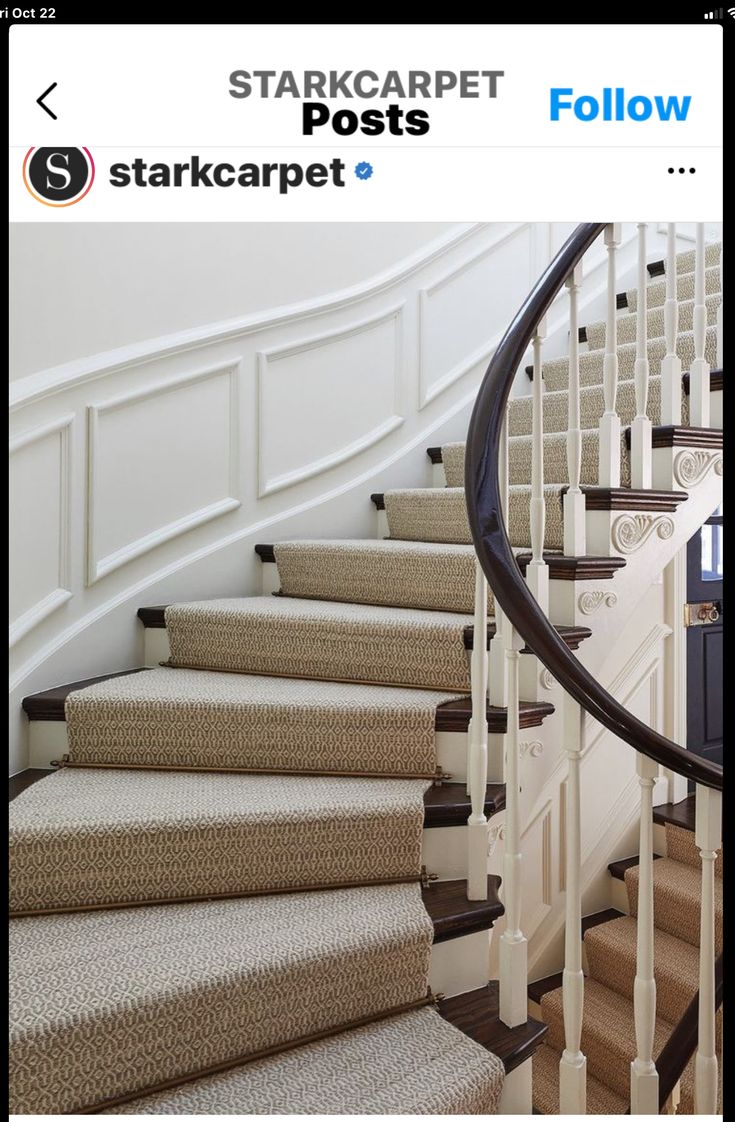 a set of stairs with carpet on the bottom and sides, leading to an entry door