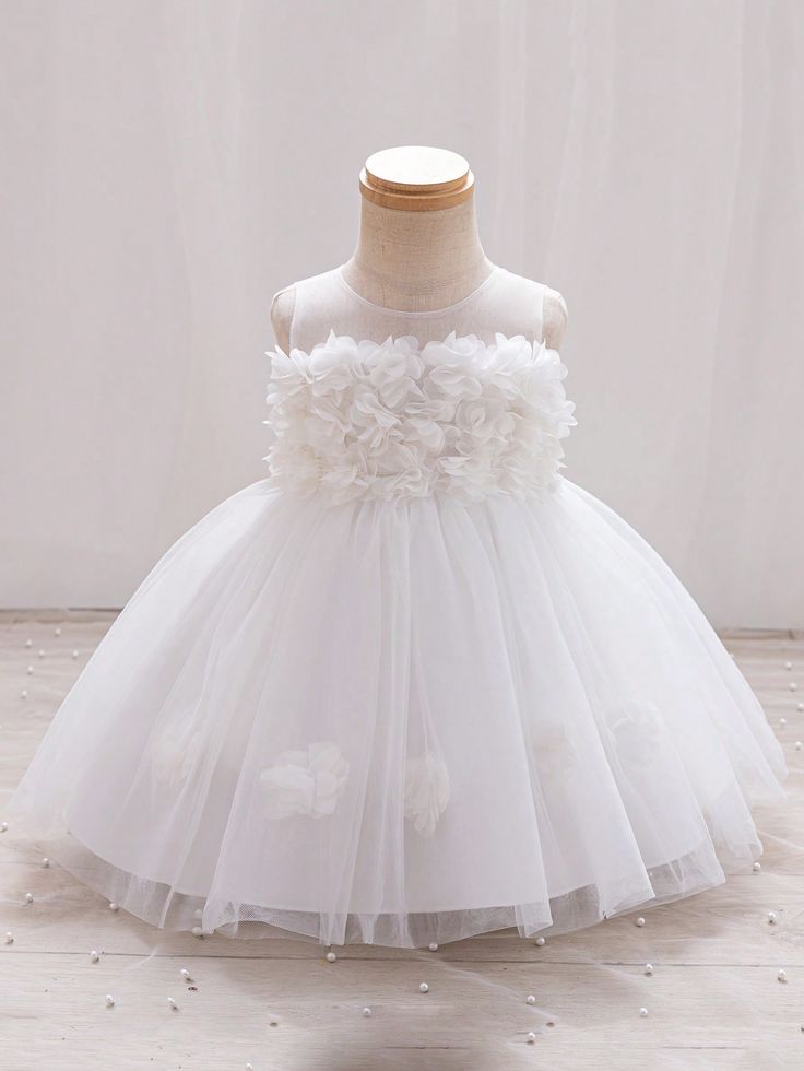 Baby Girl Wedding Diary 3D Flower Dress, Baby Christening Dress, Birthday Party And Wedding Celebration Flower Girl Dress, Four Seasons White   Sleeveless Woven Fabric Colorblock,Plain Fit and Flare Non-Stretch  Baby Girls Clothing, size features are:Bust: ,Length: ,Sleeve Length: 3d Flower Dress, Baby Christening Dress, Dress Birthday Party, Wedding Diary, Night Club Outfits, Girls Formal Dresses, Christening Dress, Dress Birthday, Straight Lace Front Wigs