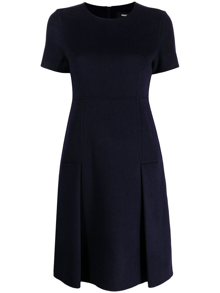 navy blue wool blend round neck short sleeves fitted waistline pleat detailing Pleat Dress, Paule Ka, Cocktail Parties, Vestido Casual, Blue Wool, Classic Silhouette, Office Wear, Dress Blue, Pleated Dress