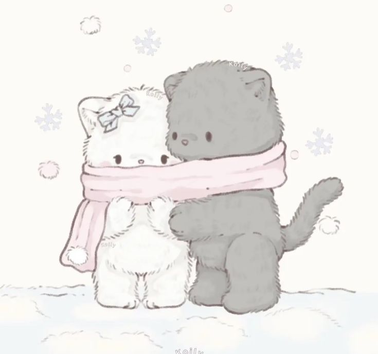 two teddy bears sitting next to each other with a scarf around their neck and one bear wearing a bow