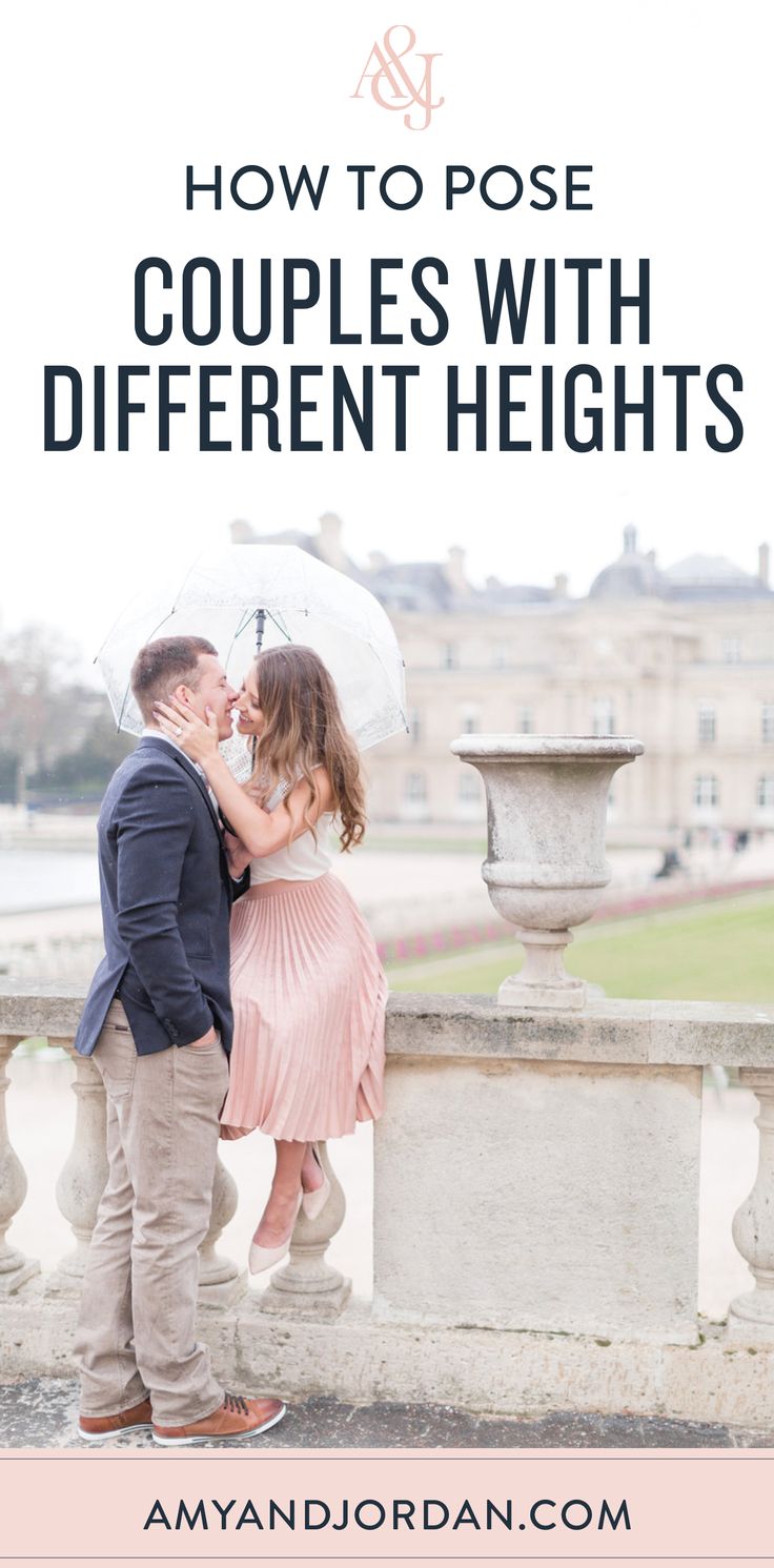 a couple kissing under an umbrella with the text how to pose couples with different heights