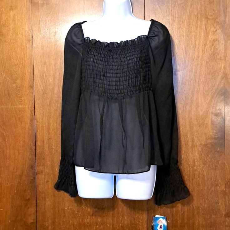 Vintage From My Personal Storage- Late 90's, Early 2000's. Brand New With Tags All The Rage Baby Doll Top With Elastic Smocking Through Bust And Wrists On Sleeves. Semi Sheer Material. Definite Boho Vibes! Size Large, But More Of A Medium Fit. Approx Measurements Flat- Pit To Pit 16.5 Without Stretching Elastic Length 22 B3 Fitted Black Peasant Top For Spring, Long Sleeve Black Peasant Top For Fall, Vintage Black Tops For Fall, Black Long Sleeve Peasant Top For Fall, Black Peasant Top For Fall, Vintage Black Tops For Night Out, Vintage Tops For Night Out In Fall, Vintage Black Long Sleeve Blouse, Vintage Black Top For Night Out