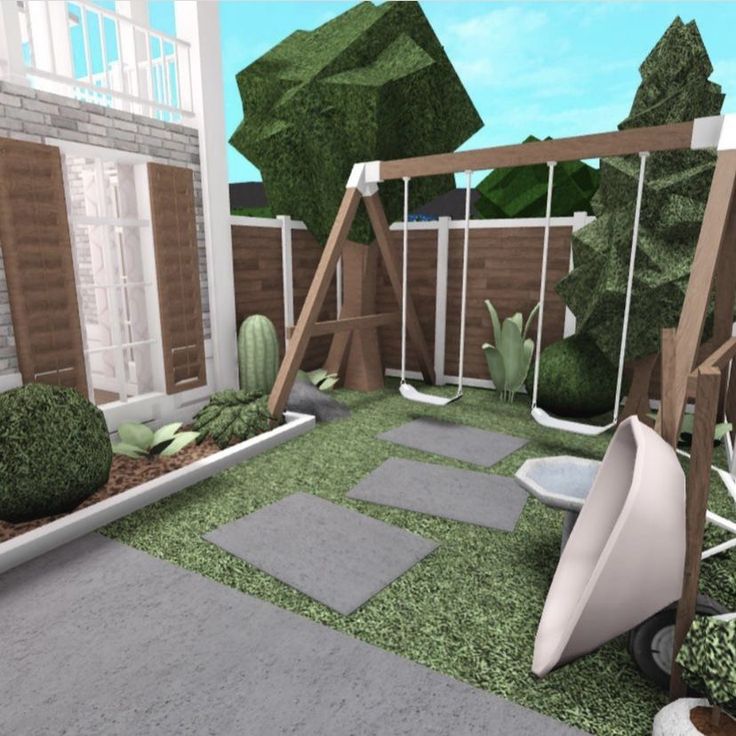 a 3d rendering of a backyard with swings and plants