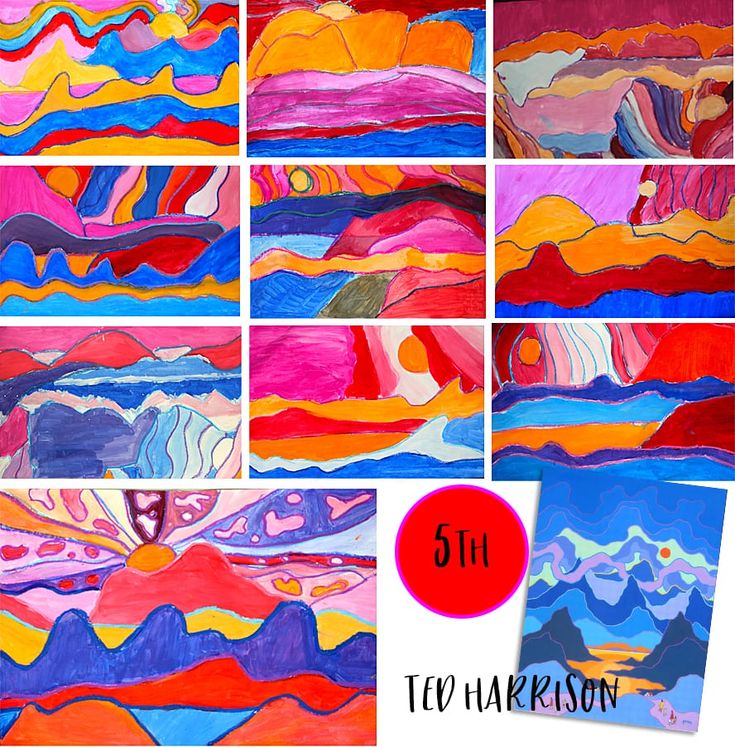 six different colorful paintings with the number five in each one's middle and bottom