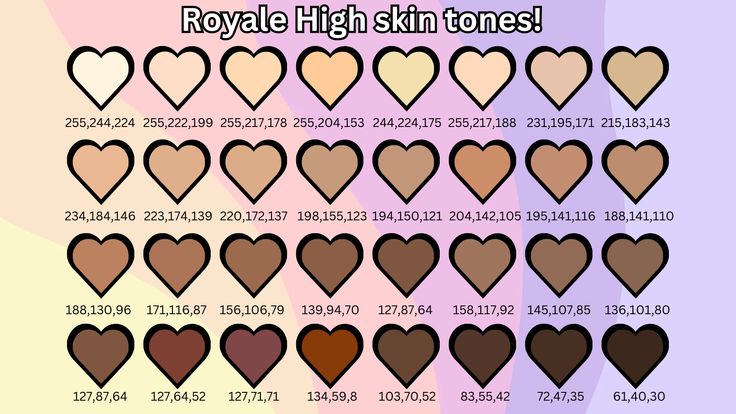 the royal high skin tones are shown in different shades and sizes, with hearts on each side