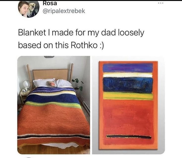 an image of a bed with a blanket on it and the caption reads, blanket i made for my dad loosely based on this rotko