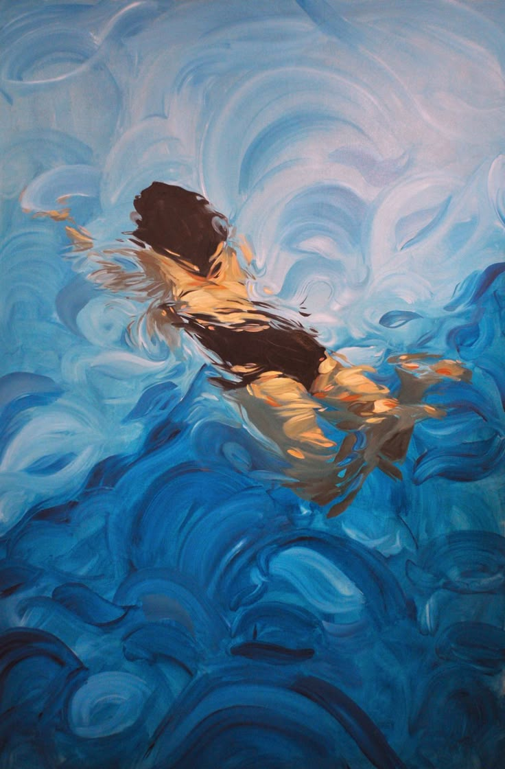 a painting of a person swimming in the water