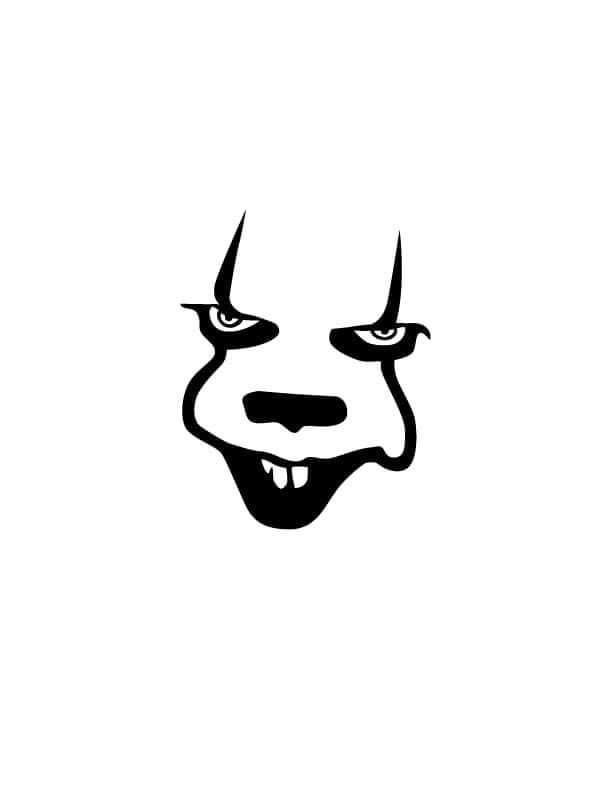 a black and white drawing of a scary clown's face with sharp teeth on a white background