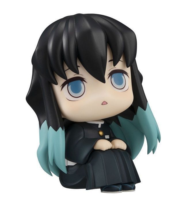 an anime figurine with blue eyes and long black hair, wearing a dress