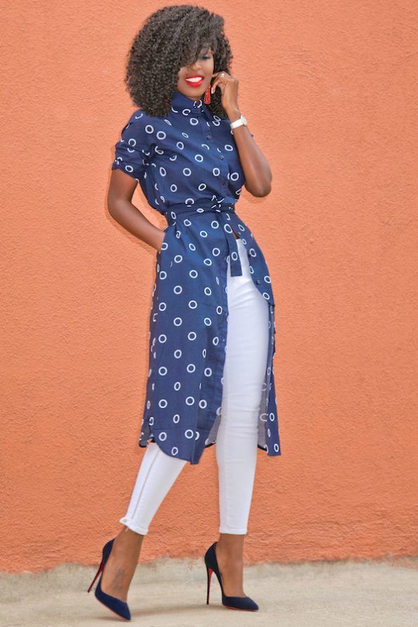 Style Pantry, Mode Kimono, Friday Outfit, Circle Print, Moto Jeans, Printed Shirt Dress, Casual Friday, African Wear, White Shirt Dress