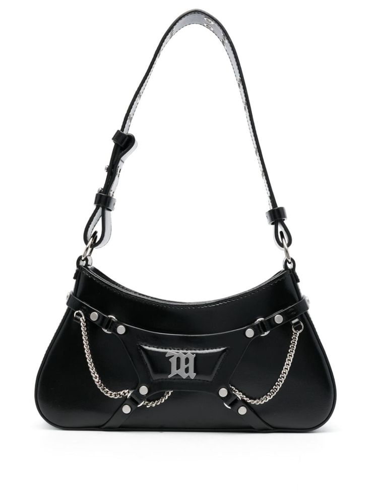 black silver-tone hardware adjustable shoulder strap eyelet embellishment chain-link detailing logo plaque top zip fastening Anarchy Symbol, Silver Bags, Makeup Makeover, Shoulder Bag Black, Black Bag, Chain Link, Black Silver, Fashion Branding, Shoulder Strap